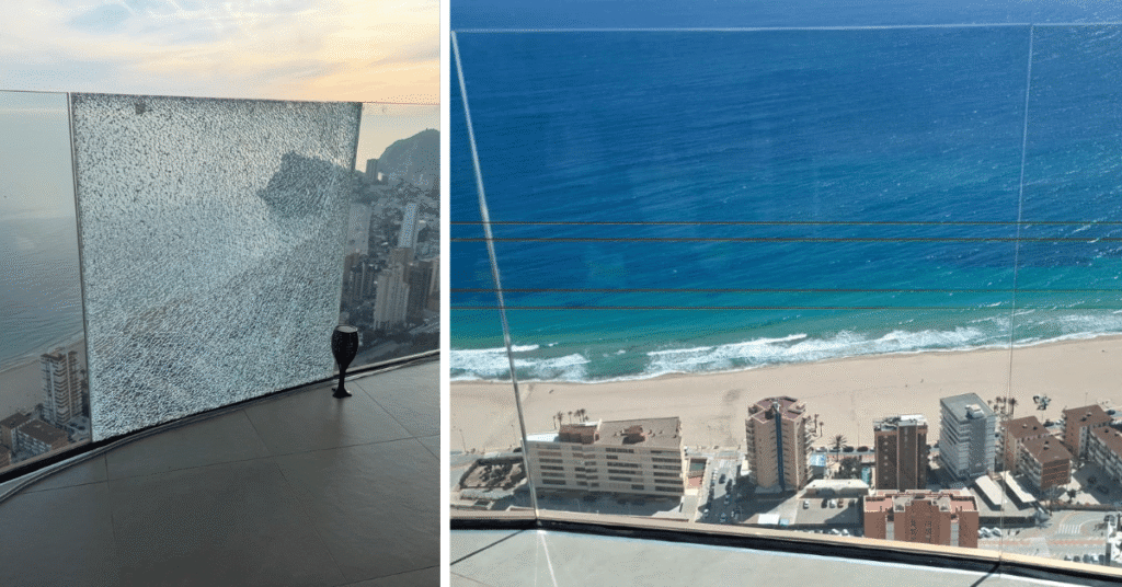 Cristal roto en barandilla de terraza en edificio de Benidorm